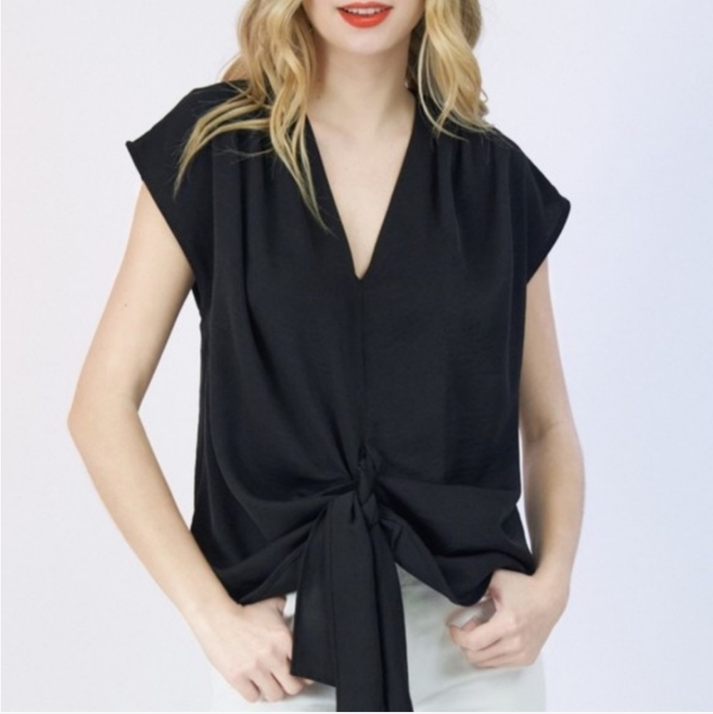 NWT L.Love Small Black Short Sleeved Top With Deep V-Neck Ending in Bow
